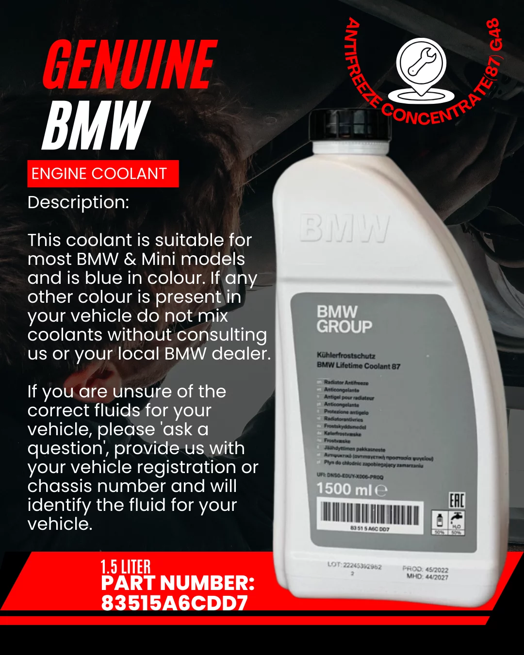 Genuine BMW Engine Coolant Antifreeze Concentrate(87) G48 1.5 Liter 83515A6CDD7